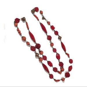 Ruby Red Beaded Vintage Necklace by Cookie Lee | Long, Floral Art Deco
